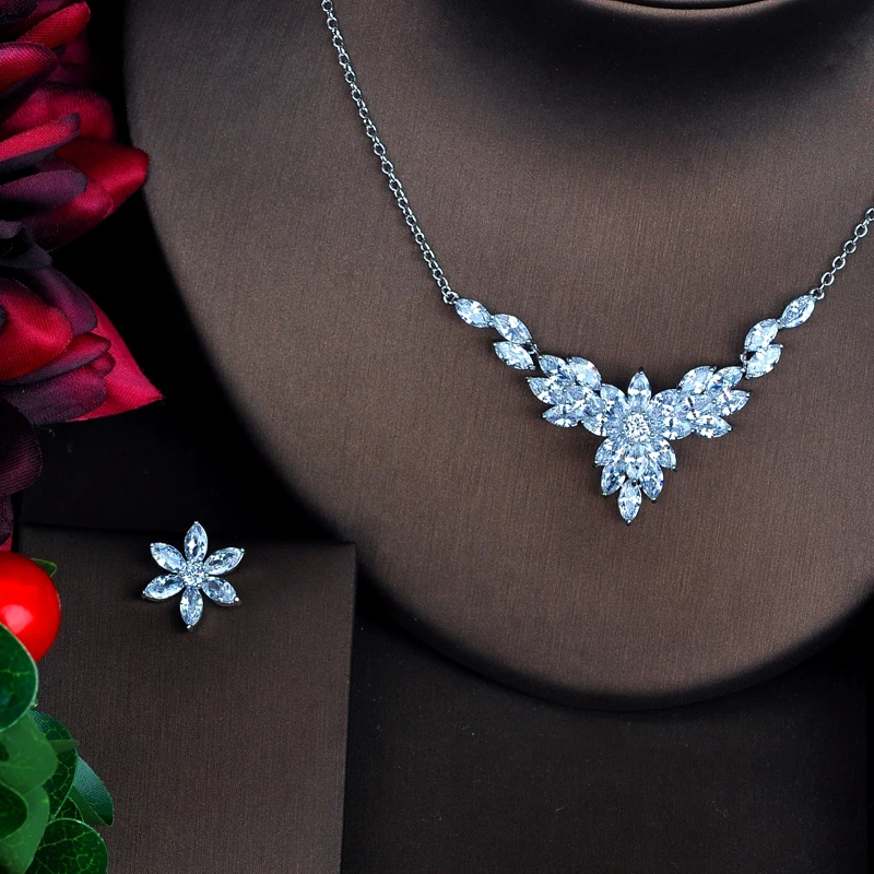 

Fashion Elegant Clear Flower Clear AAA Cubic Zircon Women Bridal Jewelry Sets Wedding Necklace Accessories Bijoux N-530