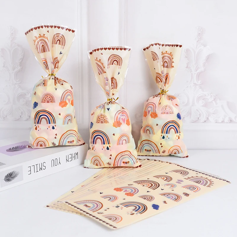 

20/50pcs Bohemian Cellophane Bags Rainbow Plastic Gift Bags with Ties Candy Cookie Packaging bag Happy Bohemian Party Decoration
