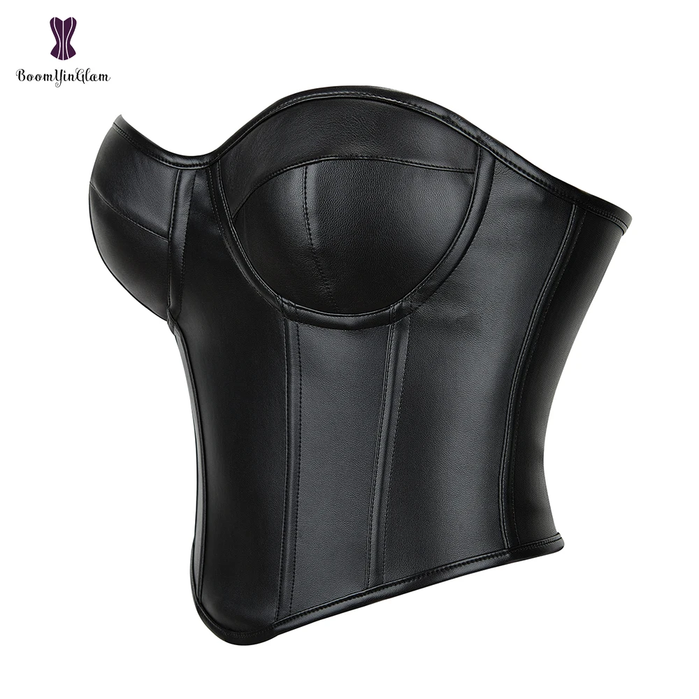 

Solid Black Strapless Padded Bra Shapewear Underwear Women's Intimate Clothing Genuine Leather Bustier Crop Top