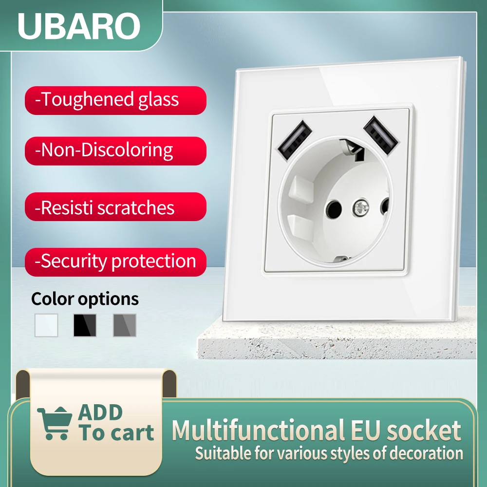 UBARO EU 82*82mm Glass Panel Wall Usb Socket Adapter Electrical Outlets Pop Socekts For Phone 250V 16A Plug Round Install Box
