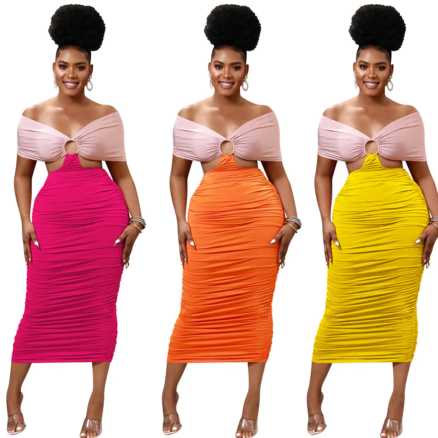 

Summer Elegant Women Bodycon Dress 2022 Contrast Color Lace-up Back Hollow Out Pleats Stretchy Casual Party Dresses