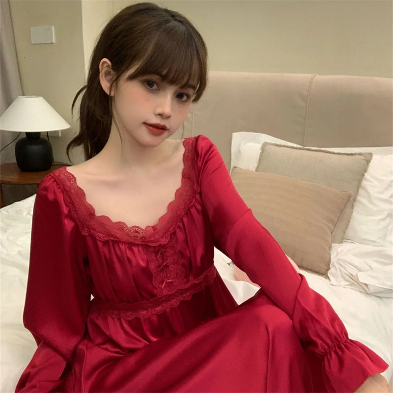 Весенняя тонкая Пижама дворцового стиля миди Однотонная ночная рубашка с