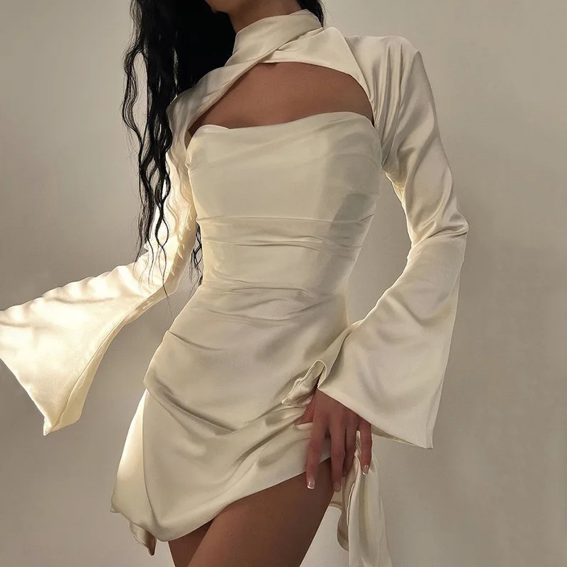 

Women's Satin fishbone waist closed flare sleeve hollow A-shaped skirt dress