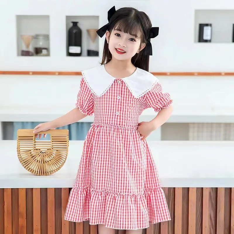 

2023 Summer Cute Kids Plaid Dresses Teenage Princess Girls Dress Children Birthday Dress Short Sleeve Costume 4 6 8 10 12 Year