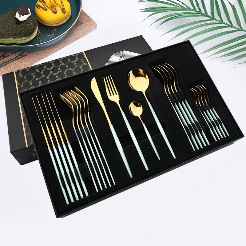 

24pcs Mint Gold Dinnerware Set Stainless Steel Tableware Knife Fork Spoon Flatware Luxury Hotel wedding Mirror Cutlery Gift Box