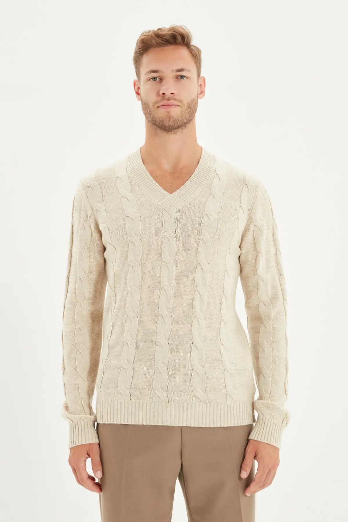 

Trendyol Mens Slim Fit V Neck Mesh Detailed Sweater TMNAW22KZ2063