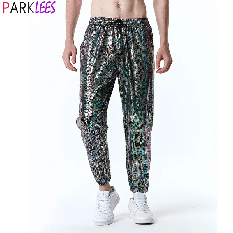 

Shiny Rainbow Metallic Jogger Sweatpants Men Sexy Snake Pattern 70s Dance Disco Trousers Mens Halloween Party Stage Prom Costume