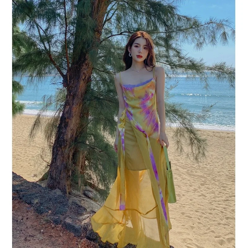 

2023 Tie-dyed Elegant Women's Summer Dress Seaside Photo Vacation French Vintage Dresses Party Sandy Beach Fairy Skirt