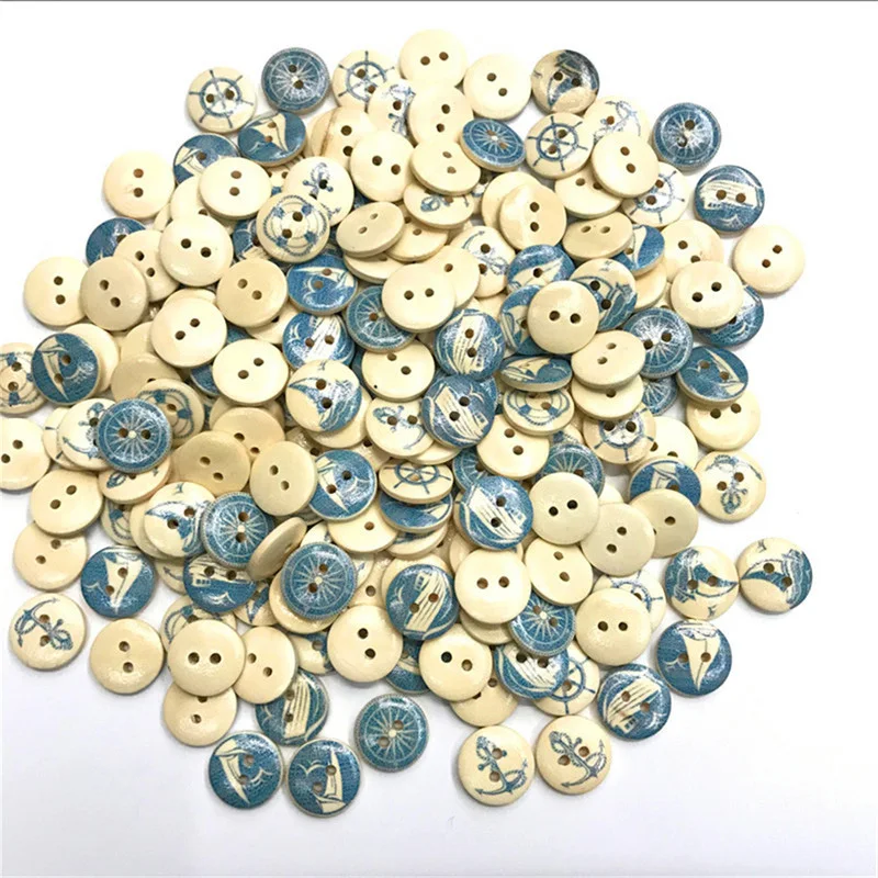 

50PCS 2 Hole Mixed Navigation Wood Buttons Clothing Home Decor Sewing Scrapbooking Card Making DIY 15mm Buttons for Clothing