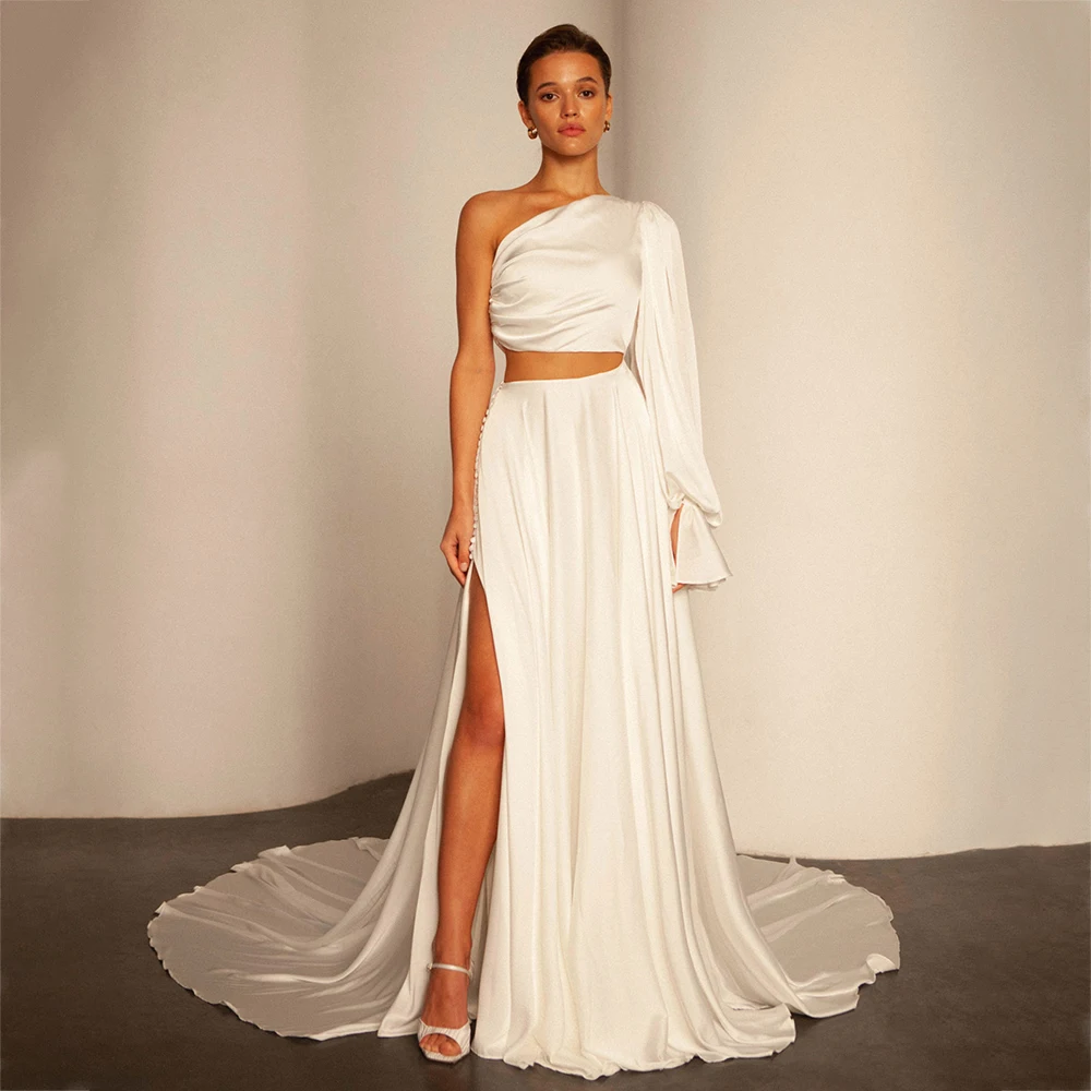 

UETEEY One Shoulder Modern Wedding Dresses Sexy Side Slit Jersey Mermaid Bride Gown Sweep Train Side Zipper Vestido De Novia