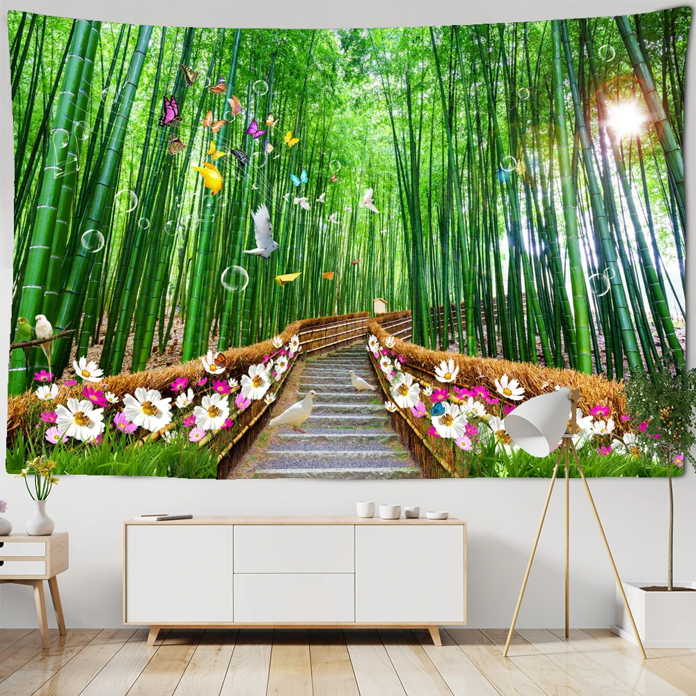 

Green Bamboo Forest Path Flowers Tapestry Wall Hanging Natural landscape Tapestry Living Room Hippie Background Cloth Wall Decor