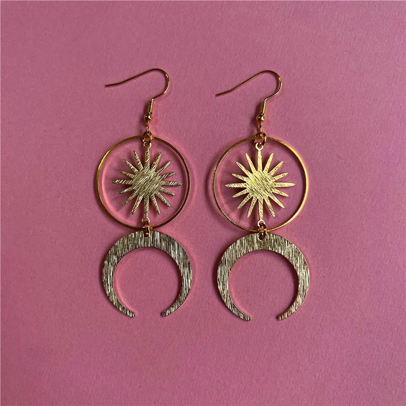 

Celestial Phenomena, Sun and Moon Earrings, Golden Crescent Charm, Sky Jewelry, Bohemian Style, Women's Jewelry Gifts
