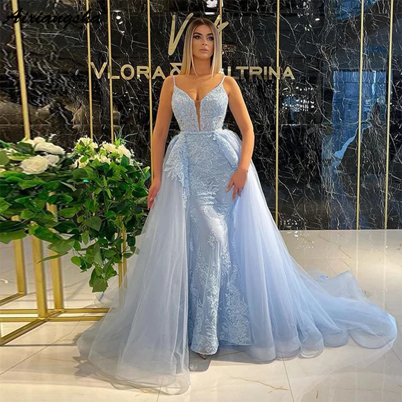 

Aixiangsha Sky Blue Tulle Long Evening Party Dress Sleeveless Vneck Spaghetti Straps Formal Robes De Soirée Robe De Soirée Femme