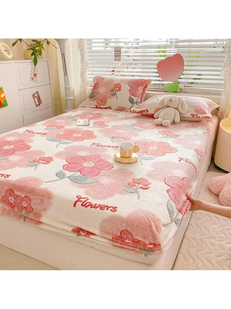 Snowflake Velvet Milk Fitted Bed Sheet Single Thickened Warm Coral Simmons Protective Cover Flannel Cartoon Bed...