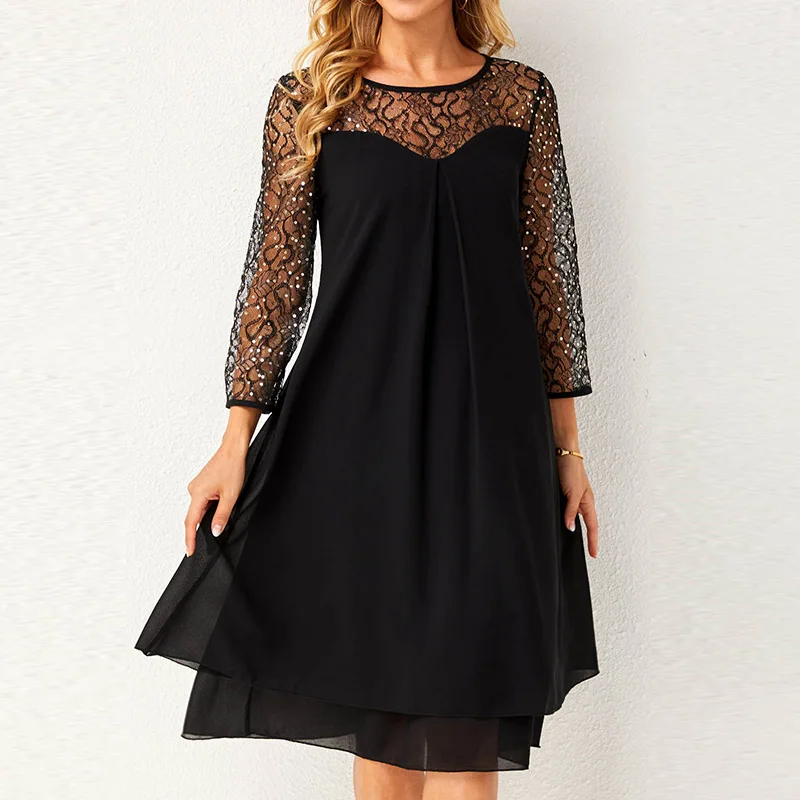 

Женское свободное платье-миди с круглым вырезом и блестками