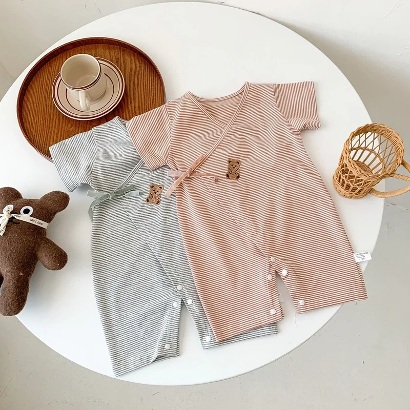 

Summer Newborn Baby Clothes Boy's and Girl's Baby One-piece Clothes Pure Cotton Stripe Short Sleeve Newborn Climbing Bodysuit
