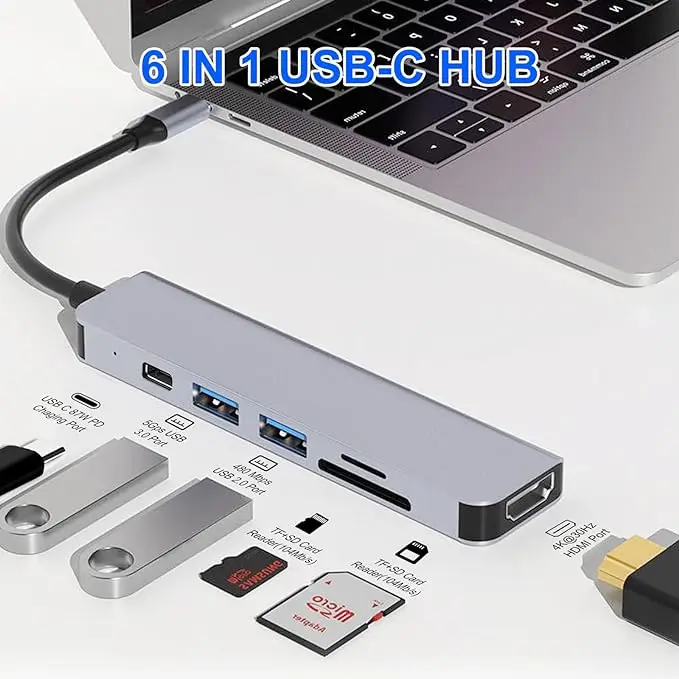 

Концентратор USB C, адаптер USB C 6-в-1 с USB 3,0, 4K-HDMI, USB C Connect/PD, кардридер SD/TF, совместим с док-станцией