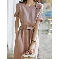 elegant dresses for women commuter pockets casual o neck short sleeve lace up solid midi dress summer fashion female clothing
