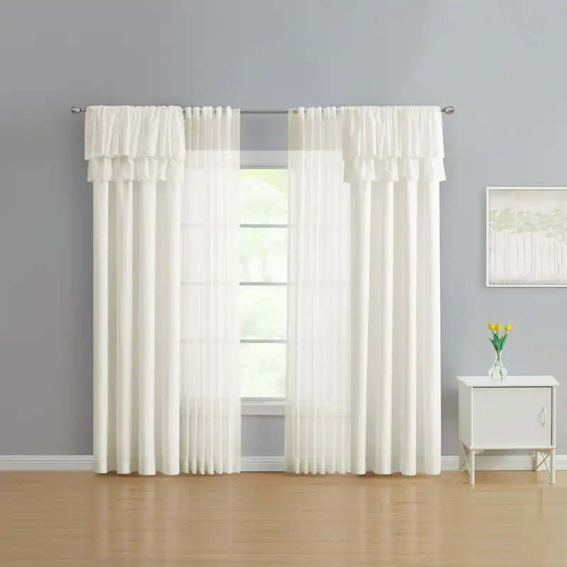 

Home Decor Curtains Living Room Ruffled Solid Ivory Window Curtain Panels and Sheers, Set of 4, 50 x 84