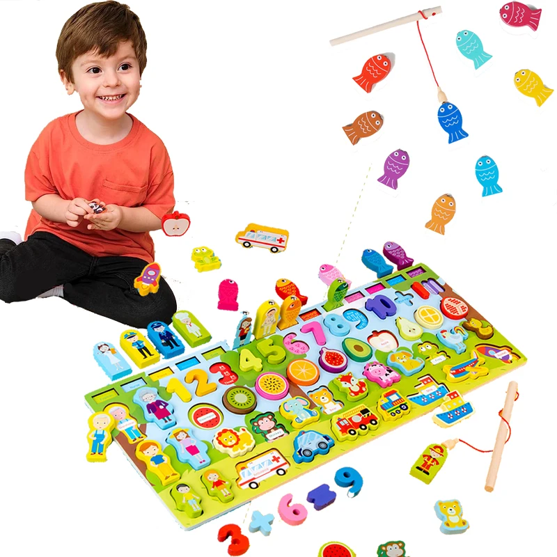 

Montessori Toys for Toddlers Fishing Toy Wooden Alphabet Shape Puzzles Counting Sorting Math Toys Preschool Educational Toys