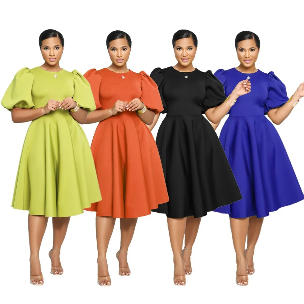 2022 African Dresses for Women Autumn African Women Short Sleeve Black Orang Green Blue Knee-length Dress African Clothes