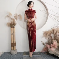 sexy velour sequin flower cheongsam women slim velvet qipao elegant evening party dress short sleeve vestidos