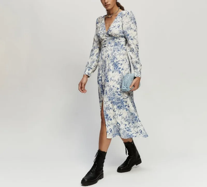 Платье средней длины с цветочным принтом и птицами женское Повседневное платье