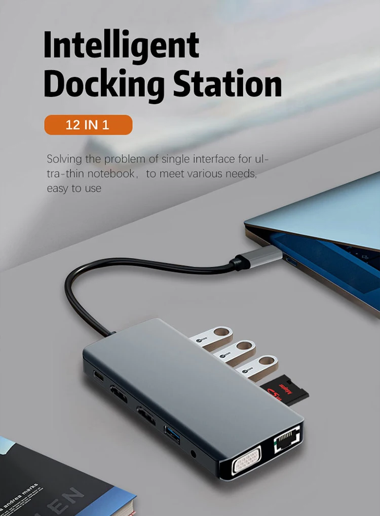 USB-концентратор 12 в 1 с портом USB Type-C на два порта HDMI 4K VGA Rj45 SD TF-карты 3 5 мм аудио PD