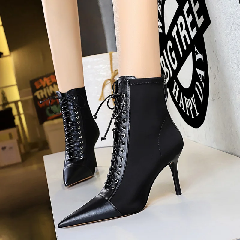 

1838-1 New Fashion Sexy Women's Boots Slim Heel High Heel Shallow Toe Lace Cross Strap Boots Pumps Women Shoes