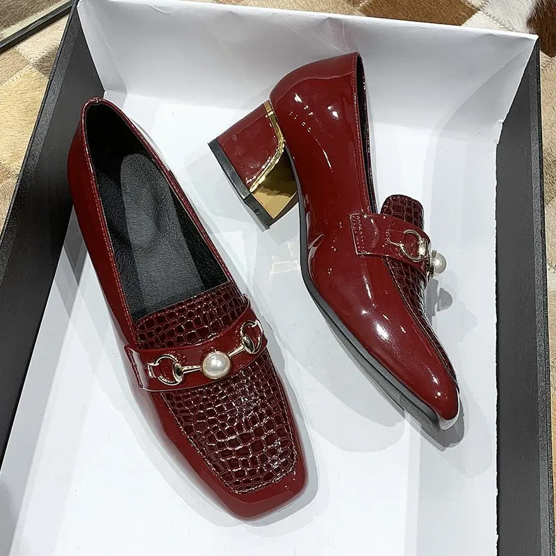 

New Women Shoes Fashion Pu High Heels Classic Ladies Loafers Metal Buckle Mid-heel Office Party Work Leather Pumps