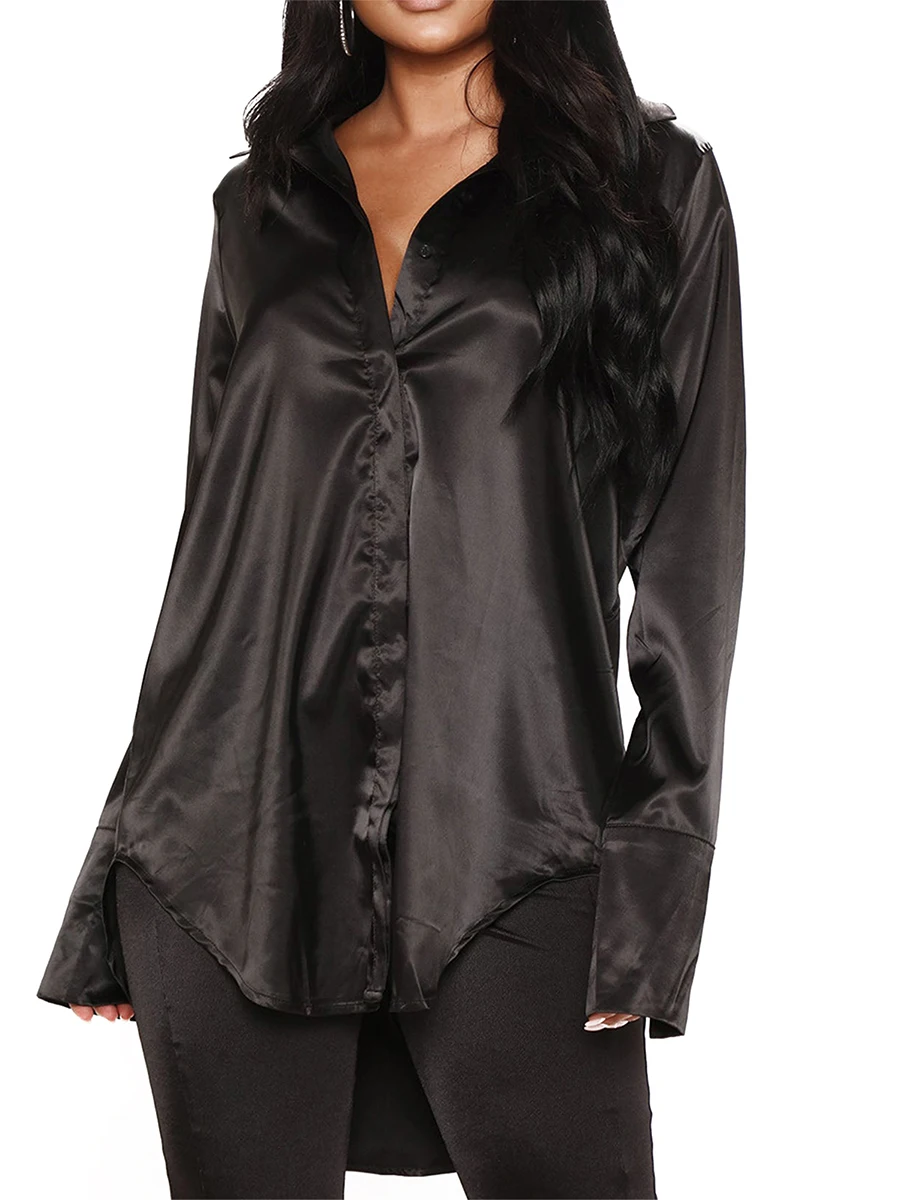 

YILEEGOO Women s Glossy Satin Shirt Casual Loose Dropped Mid-length Tops Solid Color Irregular Lapel Long Sleeve