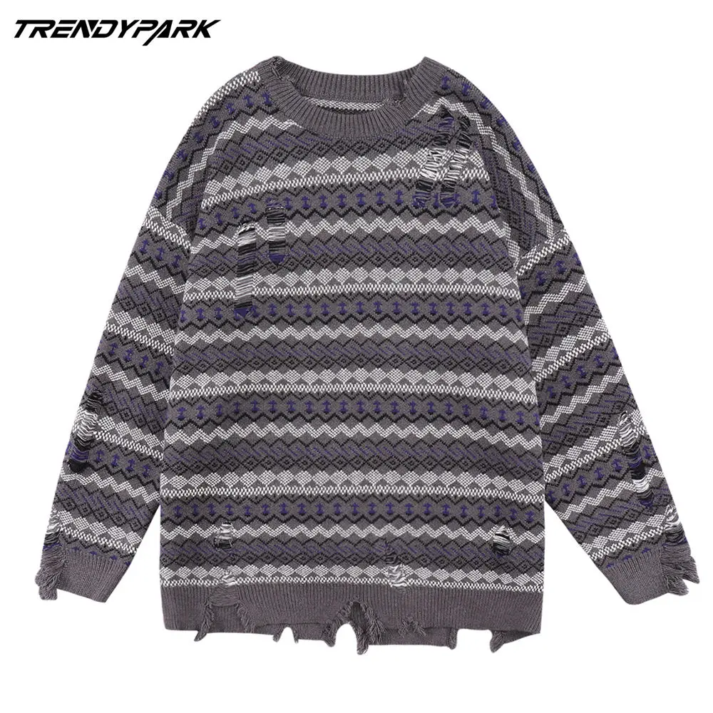 

2022 Men Knitted Sweater Hip Hop Streetwear Disdress Vintage Stripes Pullover Harajuku Cotton Casual Autumn Sweater Men Clothing