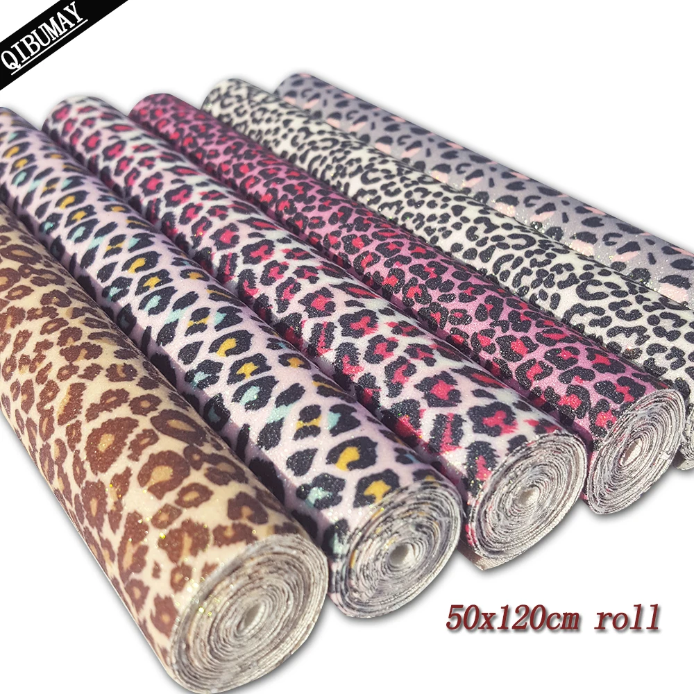 QIBU 50x120cm Leopard Print Glitter Fabric Roll Big Size Synthetic Leather Textile For Bags Shoes Crafts DIY Hairbow Accessories