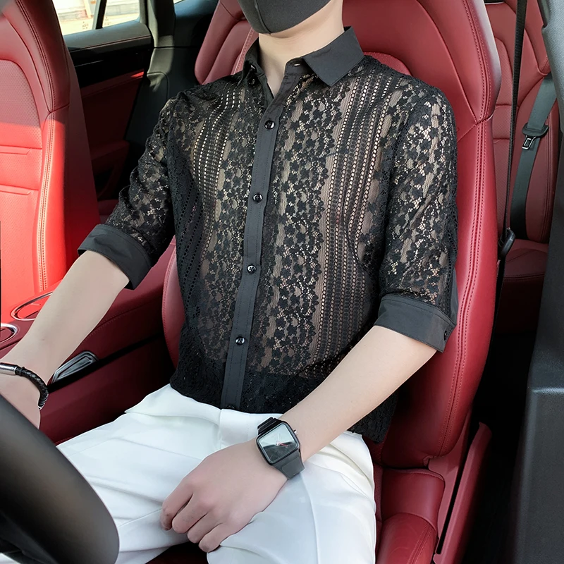 

Summer Men Lace Hollow Patchwork Shirt Fashion Sexy Perspective Half Sleeve Dress Men Petticoat Nightclub Singer Tuxedo Blouses