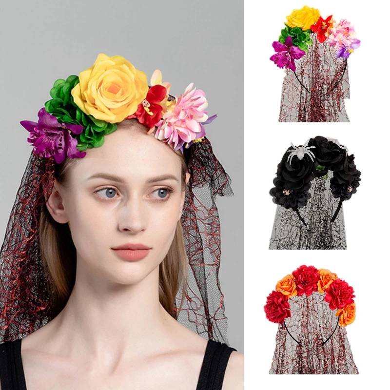 

Creative Headband Simulation Fabric Flowers Pearls Veil Skull Pearls Halloween Hair Hoop Headdress for Photo Shooting