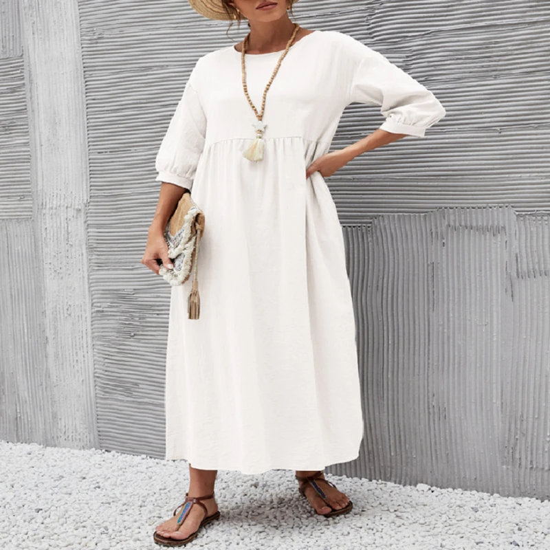 

Women Autumn Summer Fashion O Neck Solid Pullover Dress Casual Loose Half Sleeve Maxi Dress Office Lady Dress