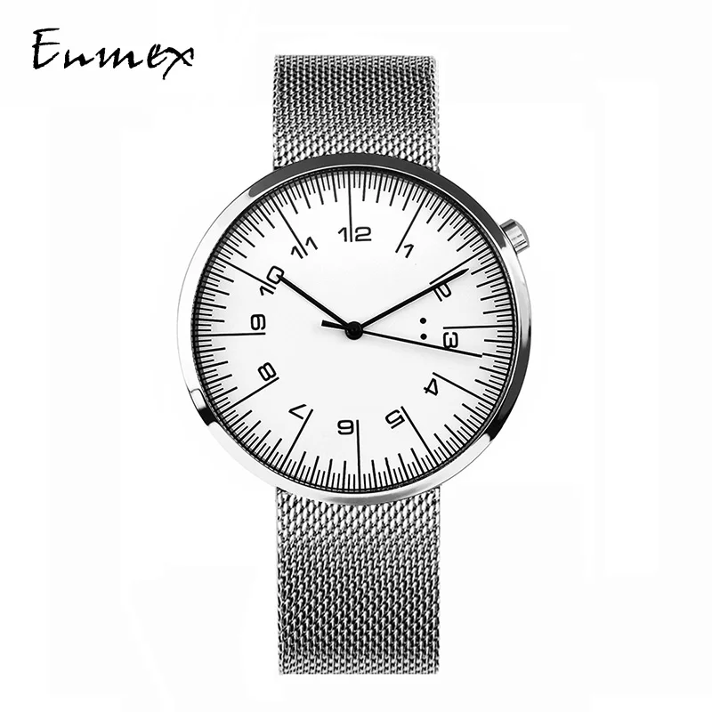 

2022 Enmex creative style leather band wristwatch number special design discs silver case brief casual quartz men watch