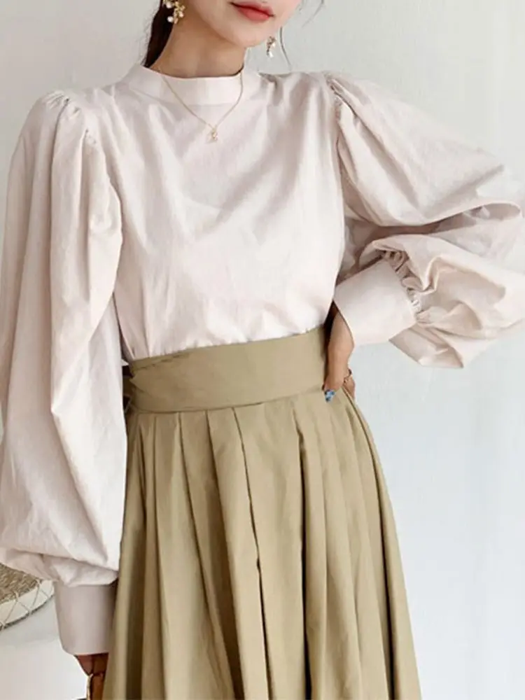 

ZANZEA Women Blouse Shirts Fashion OL 2022 Casual Solid Puff Sleeve Tops Tunic Female Turtleneck Loose Blusa Chemise Oversized