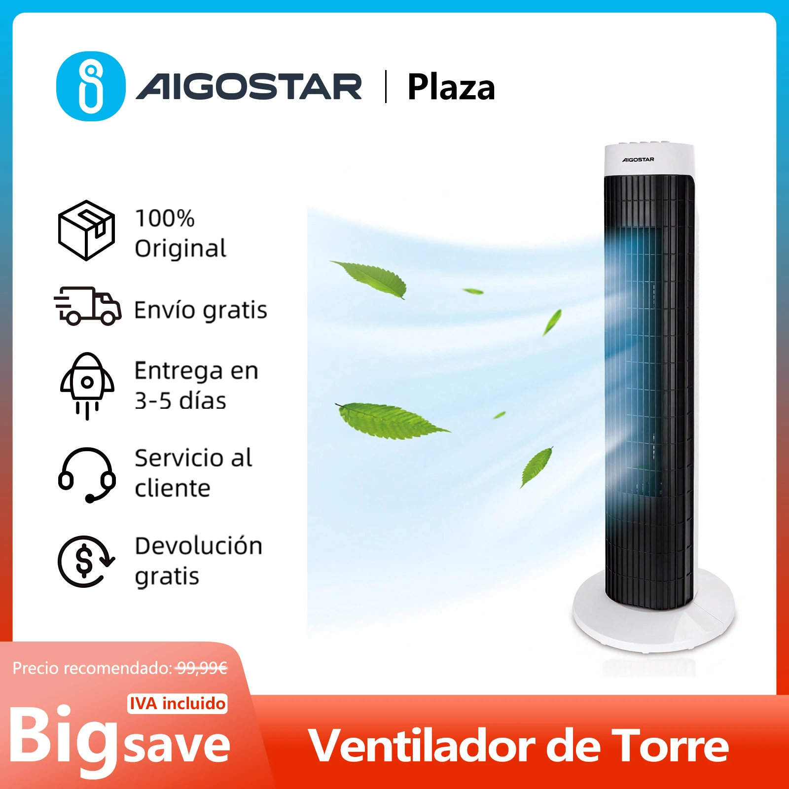 Ventilador de Torre con Temporizador 120 min, 30'' (76cm) de Altura, 3 Velocidades, Oscilación de 85º, Motor de Cobre, 45W