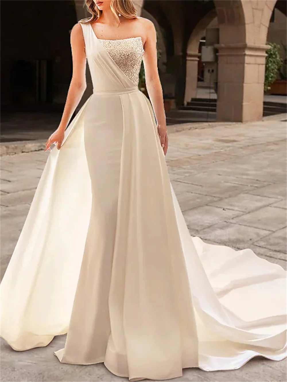 

Sheath / Column Wedding Dresses Jewel Neck Floor Length Tulle Stretch Fabric Long Sleeve Romantic Simple With Pearls 2022 Ladies