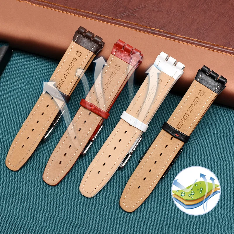 Наручный ремень из натуральной кожи для часов Swatch Strap Plain, ширина 17 мм / 19 мм, красный, ремешки для часов женские и мужские, аксессуары для пояса.