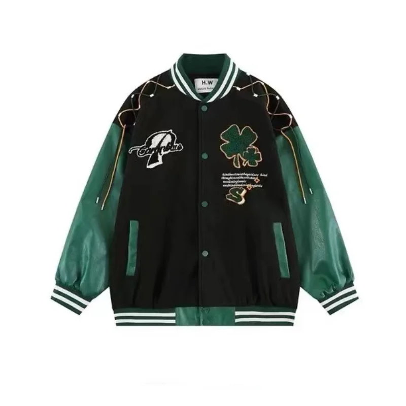 

Retro American four-leaf clover towel embroidered baseball women loose design sense jacket leather sleeve design overcoat