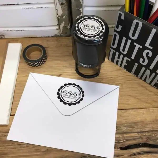 

Personalized Round Self-Inking Rubber Stamp - "The Livingston Scalop"