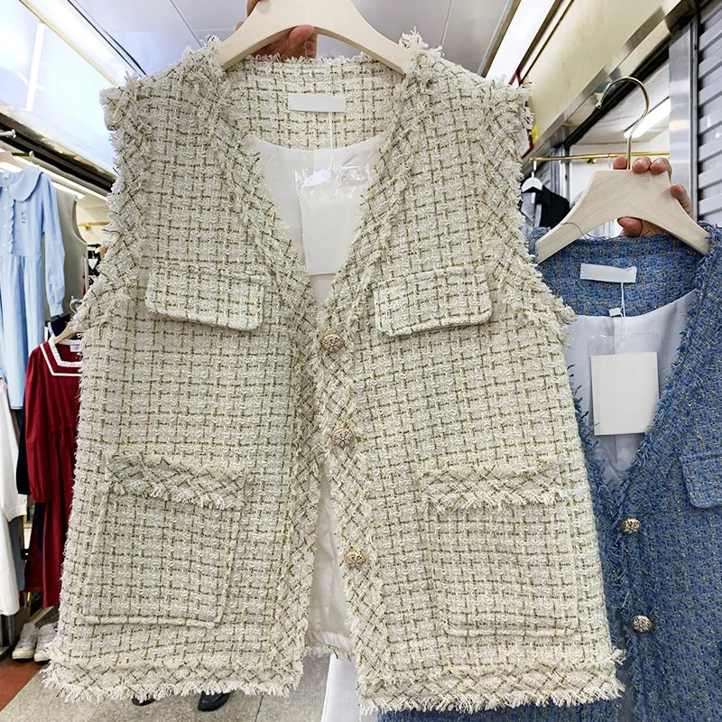 

2022 Spring Autumn New All-Matching Slim Fit Solid Color Vest Tweed Pocket Button Plaid Waistcoat Jacket Women Vintage Outerwear