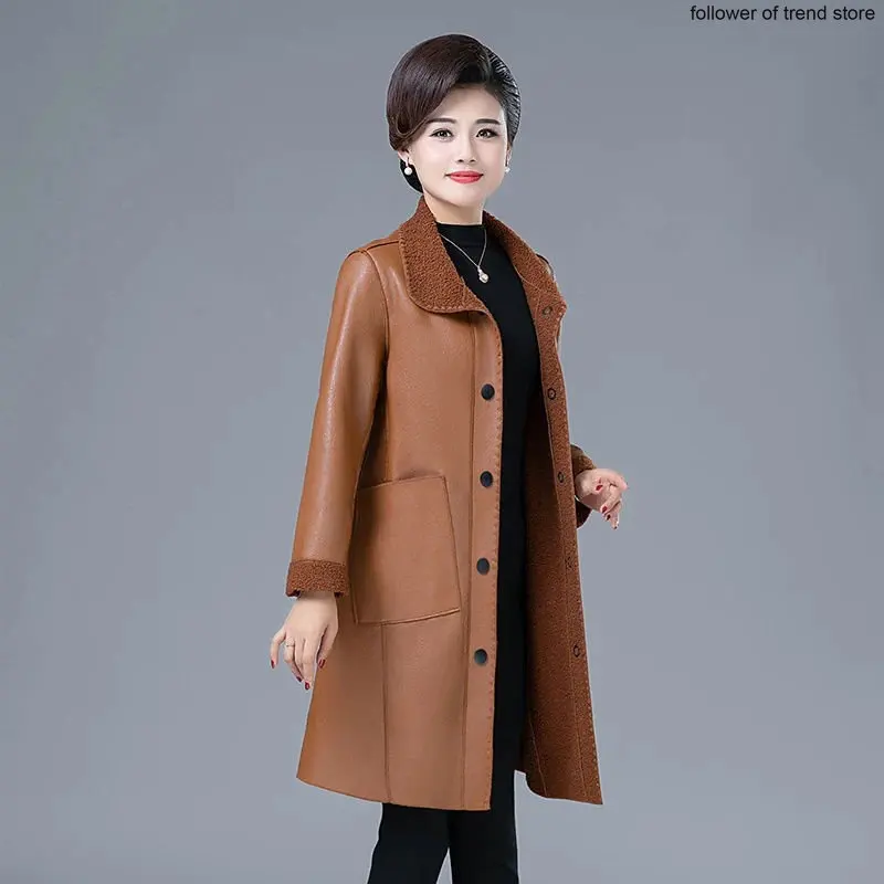 Mid-autumn Winter Ladies Long PU Leather Loose Korean Faux Lamb Fur One Mother's Women's Vintage Brown Long Coat Loose Waist
