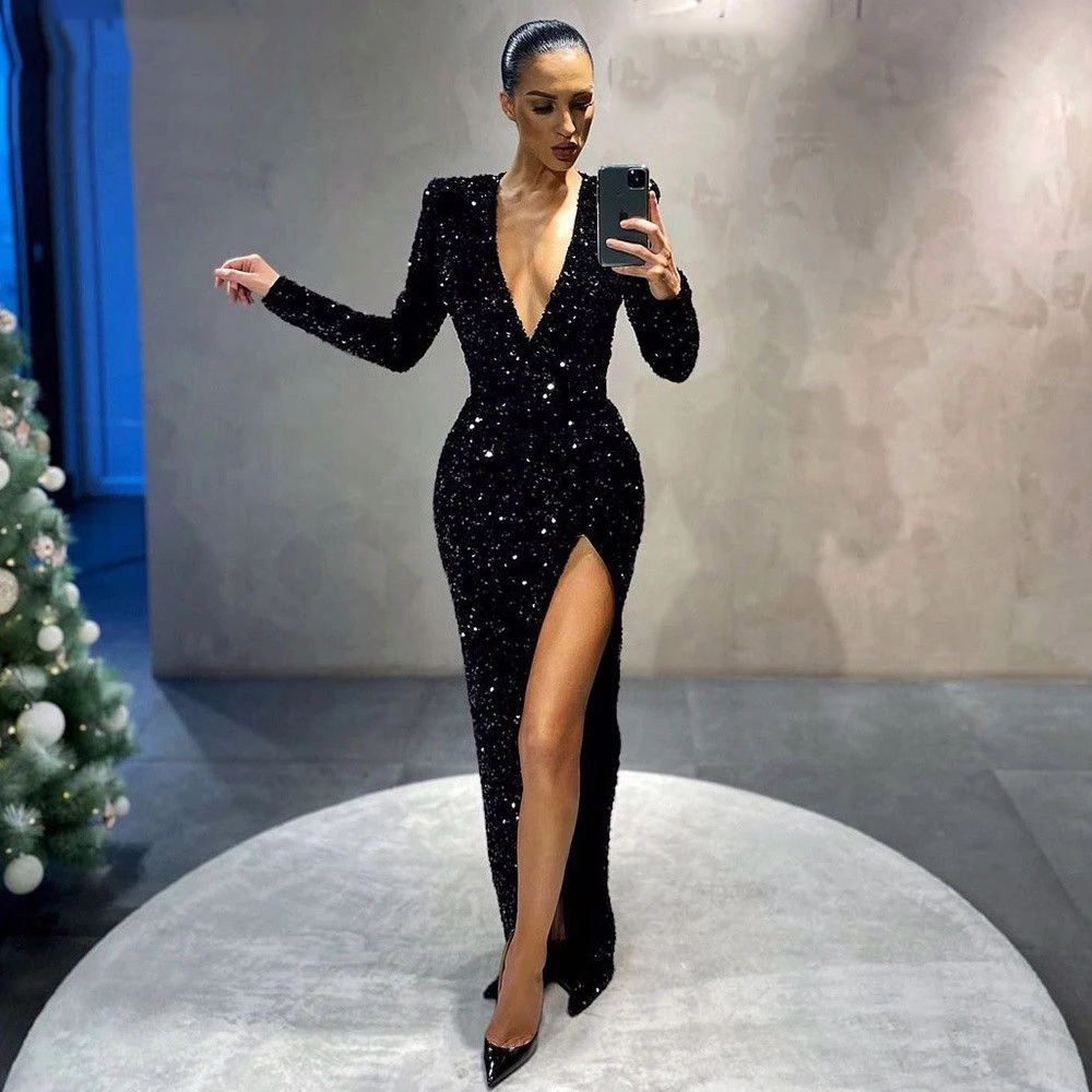

Stylish Sparkly Burgundy Prom Dresses High Split Blingbling Long Sleeves Mermaid Evening Gowns Formal Wedding Party Dress Long