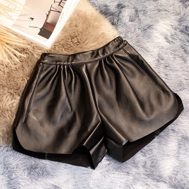 Luxury brand Women's Real Sheepskin High Waist Trousers Woman Cloth Genuine Leather Shorts Female Clothing Ropa Mujer TN2338