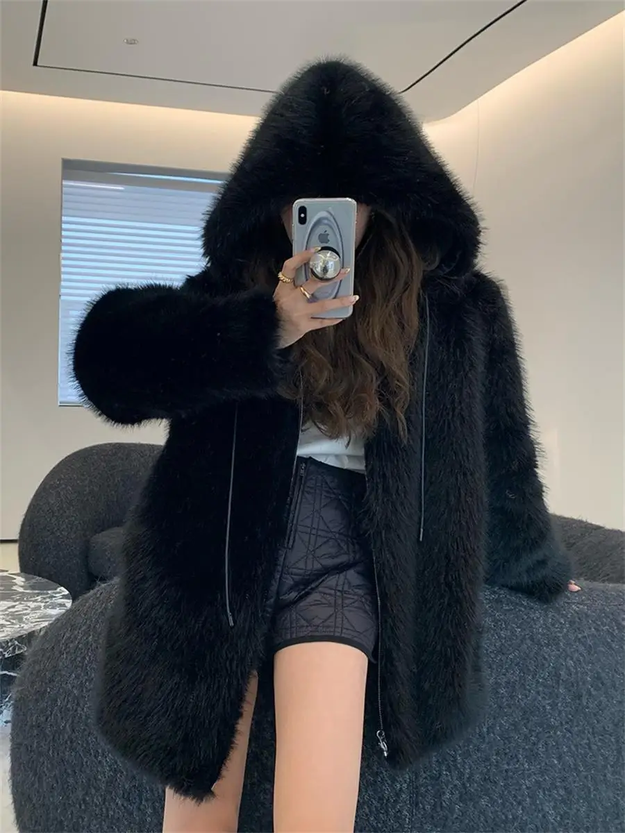 Hooded medium long woolen coat, women's thick autumn and winter