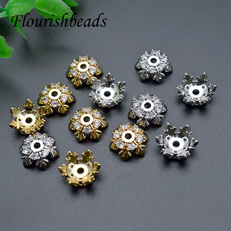 10mm Gold Rhodium Plating CZ Beads Paved Snowflake Shape Spacer Beads Bead Cap Jewelry Necklace Bracelet Making Parts