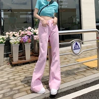 xs xl retro pink jeans women korean fashion midi waist pocket denim pants wide leg trouser 2022 new streetwear harajuku clothing